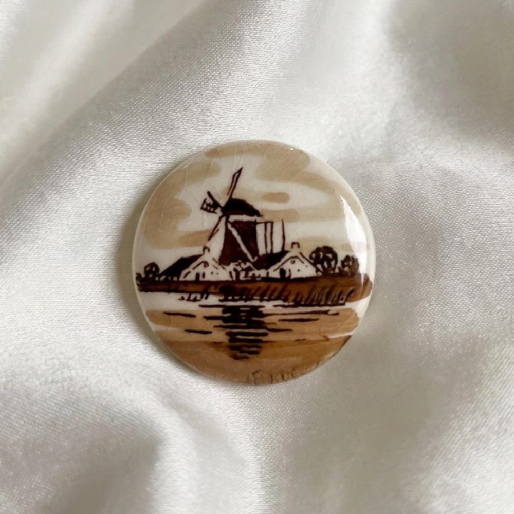 VTG Genuine Delft Windmill Brooch Made in Holland Hand Painted Dutch Pottery